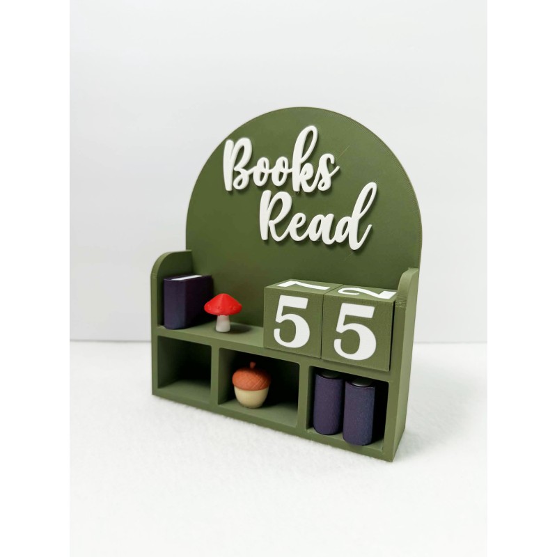Contador de libros leídos con forma de estantería, impreso en 3D